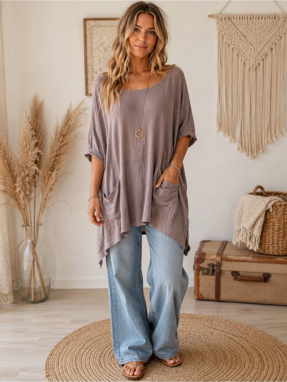 Altar’d State Oversized Taupe Boho Tunic Top with Pockets